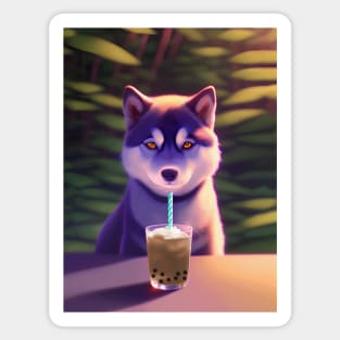 Siberian Husky with boba bubble tea Sticker